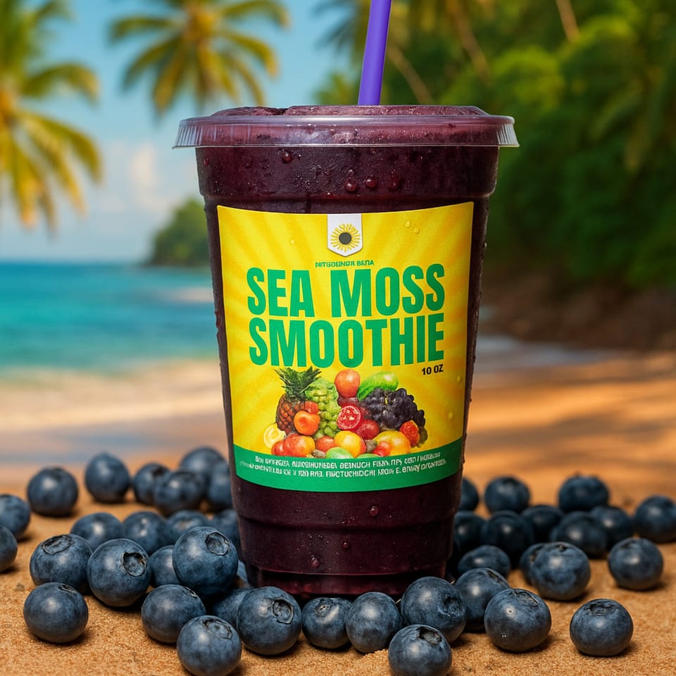 A "You Can Live Again Sea Moss Smoothie" with blueberries on sand, palm trees in the background.