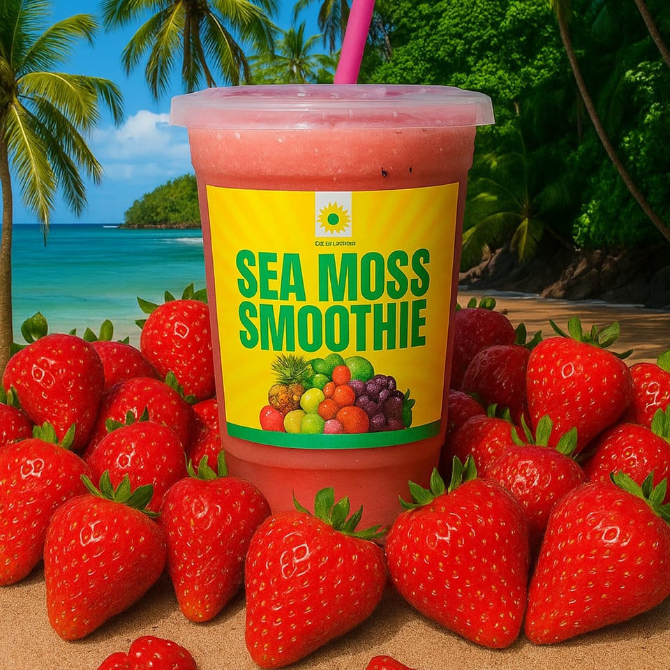 Strawberry Sea Moss Smoothie on a beach with palm trees and ocean, surrounded by fresh strawberries.